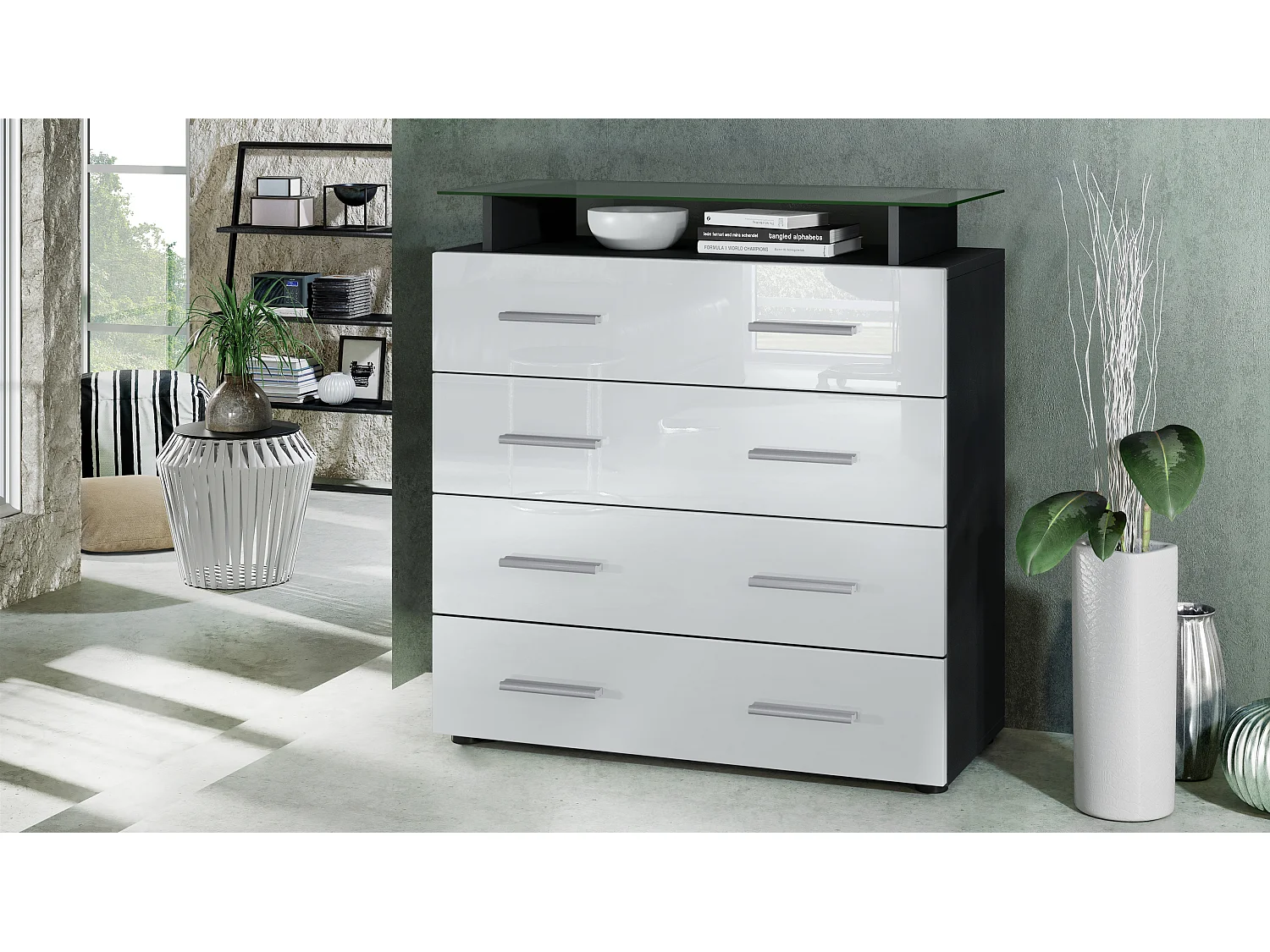 Vladon Madia Pavos V2, Mobile con 4 cassetti e ripiano in vetro, nero opaco/bianco lucido (76 x 81 x 35 cm)