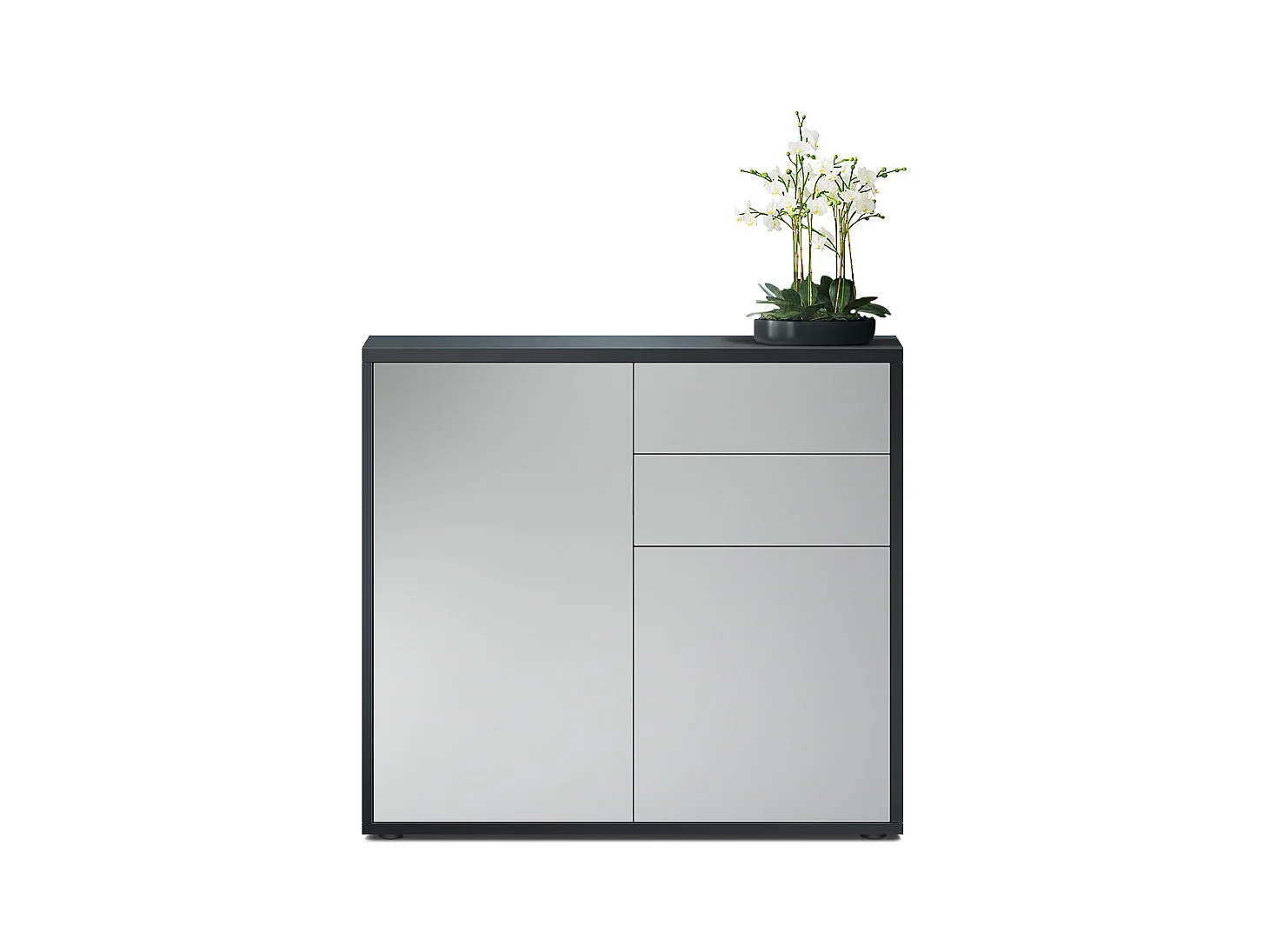 Buffet Ben, Commode avec 2 portes et 2 tiroirs, Noir mat/Gris clair satiné mat (79 x 74 x 36 cm)