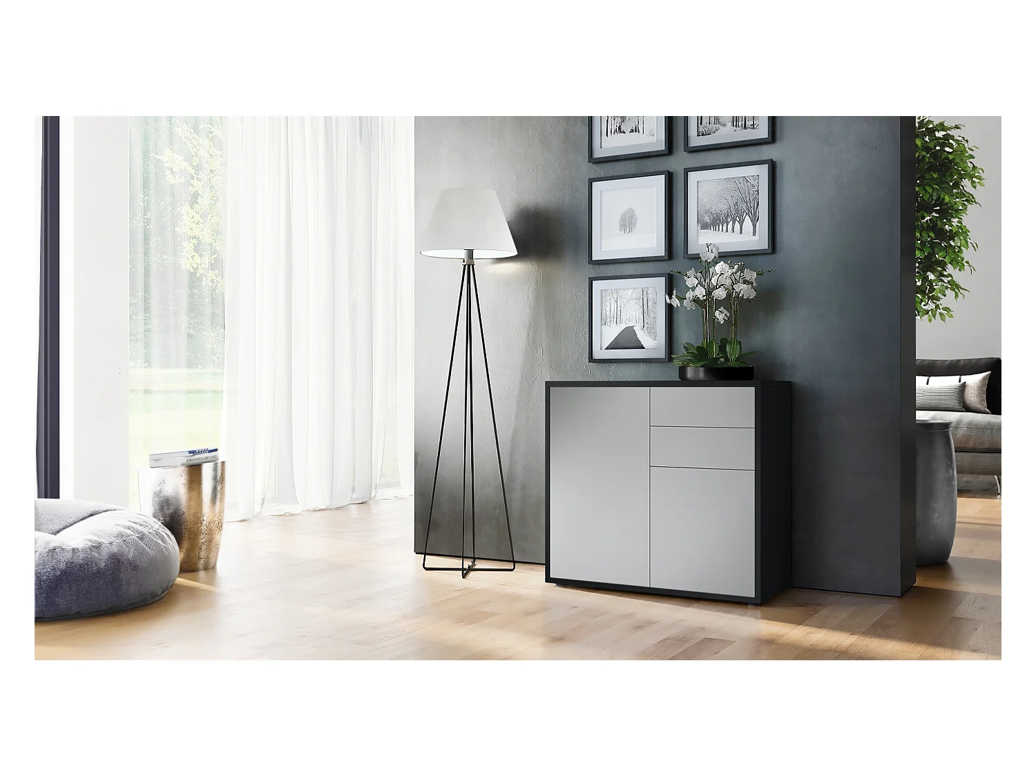 Buffet Ben, Commode avec 2 portes et 2 tiroirs, Noir mat/Gris clair satiné mat (79 x 74 x 36 cm)