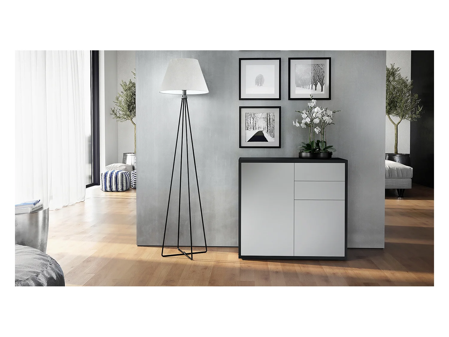 Buffet Ben, Commode avec 2 portes et 2 tiroirs, Noir mat/Gris clair satiné mat (79 x 74 x 36 cm)