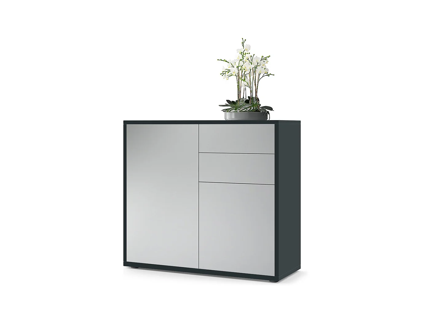 Buffet Ben, Commode avec 2 portes et 2 tiroirs, Noir mat/Gris clair satiné mat (79 x 74 x 36 cm)