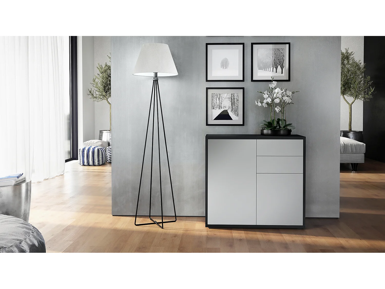 Madia  Ben, mobile con 2 ante e 2 cassetti, nero opaco/grigio chiaro satinato (79 x 74 x 36 cm)