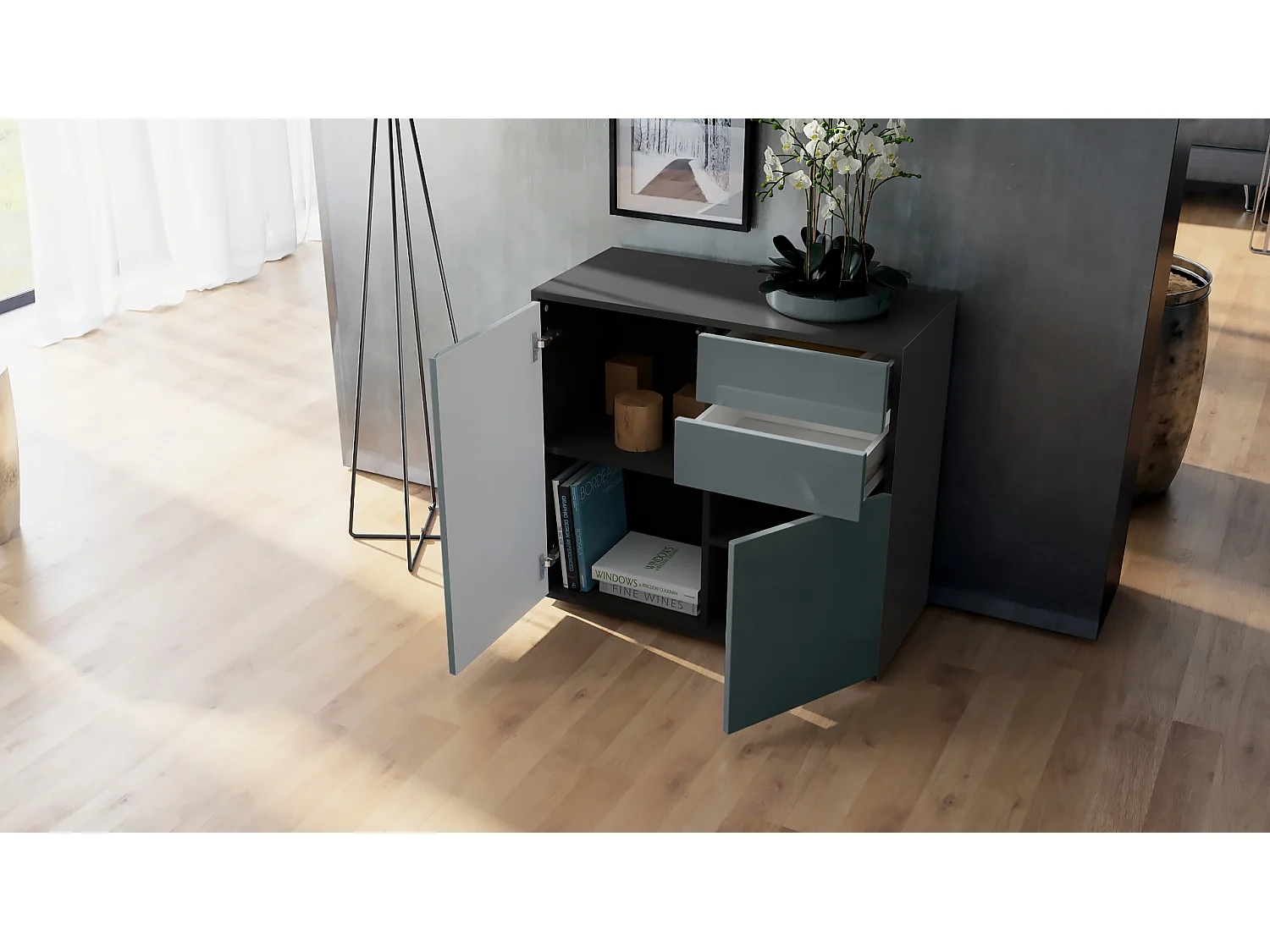 Madia  Ben, mobile con 2 ante e 2 cassetti, nero opaco/grigio chiaro satinato (79 x 74 x 36 cm)