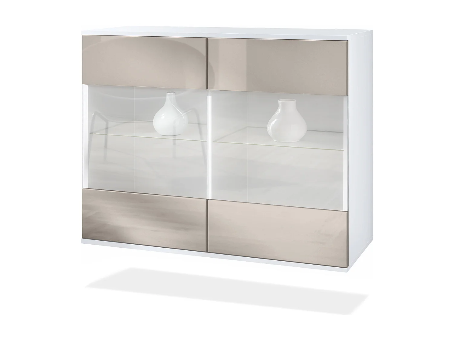 Commode Bari V3, Armoire de cuisine moderne avec 2 grandes portes vitrées blanc mat / gris sable haute brillance (92,5 x 73.5 x 35)