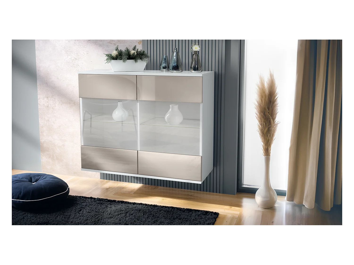 Commode Bari V3, Armoire de cuisine moderne avec 2 grandes portes vitrées blanc mat / gris sable haute brillance (92,5 x 73.5 x 35)