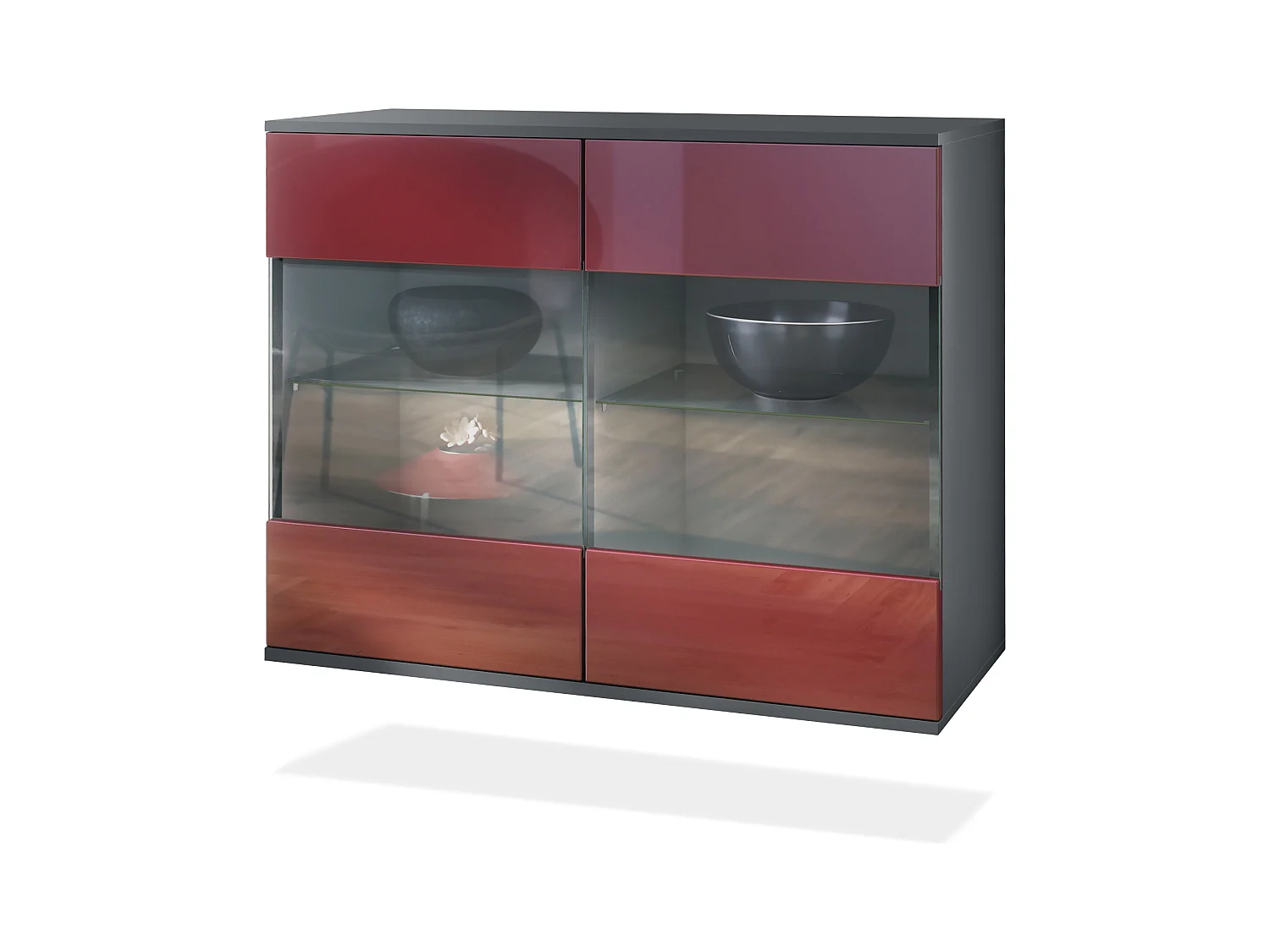 Commode Bari V3, Armoire de cuisine moderne avec 2 grandes portes vitrées anthracite mat / bordeaux haute brillance (92,5 x 73.5 x 35)