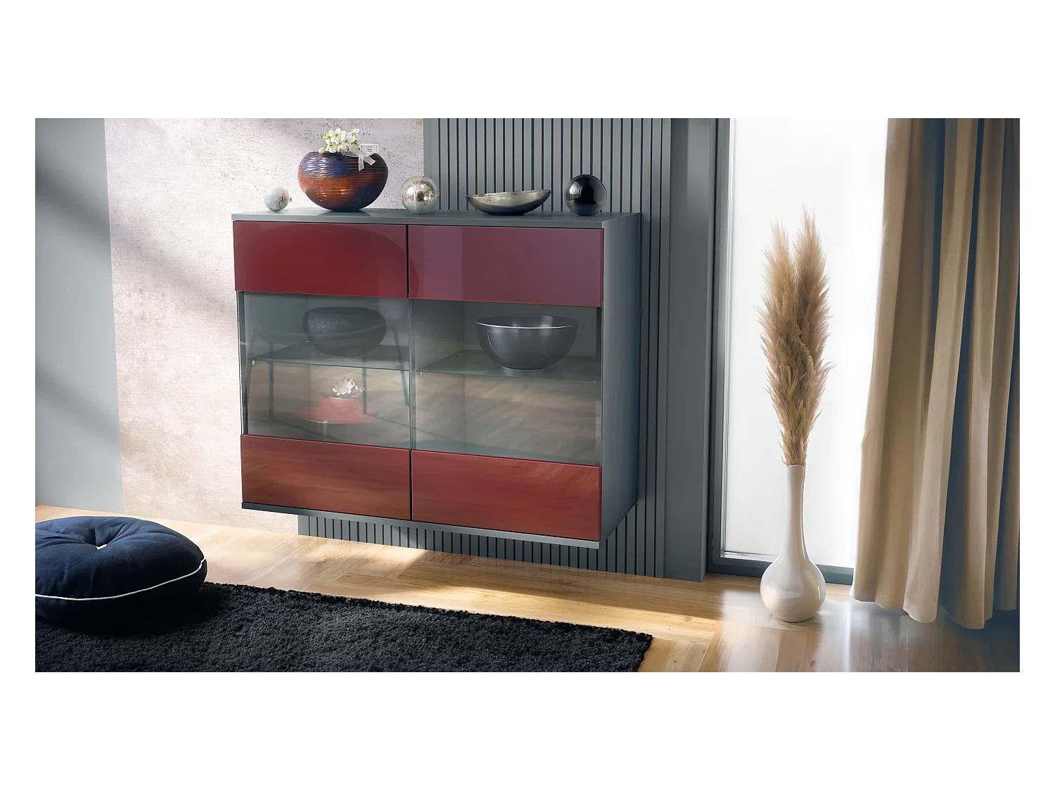 Commode Bari V3, Armoire de cuisine moderne avec 2 grandes portes vitrées anthracite mat / bordeaux haute brillance (92,5 x 73.5 x 35)