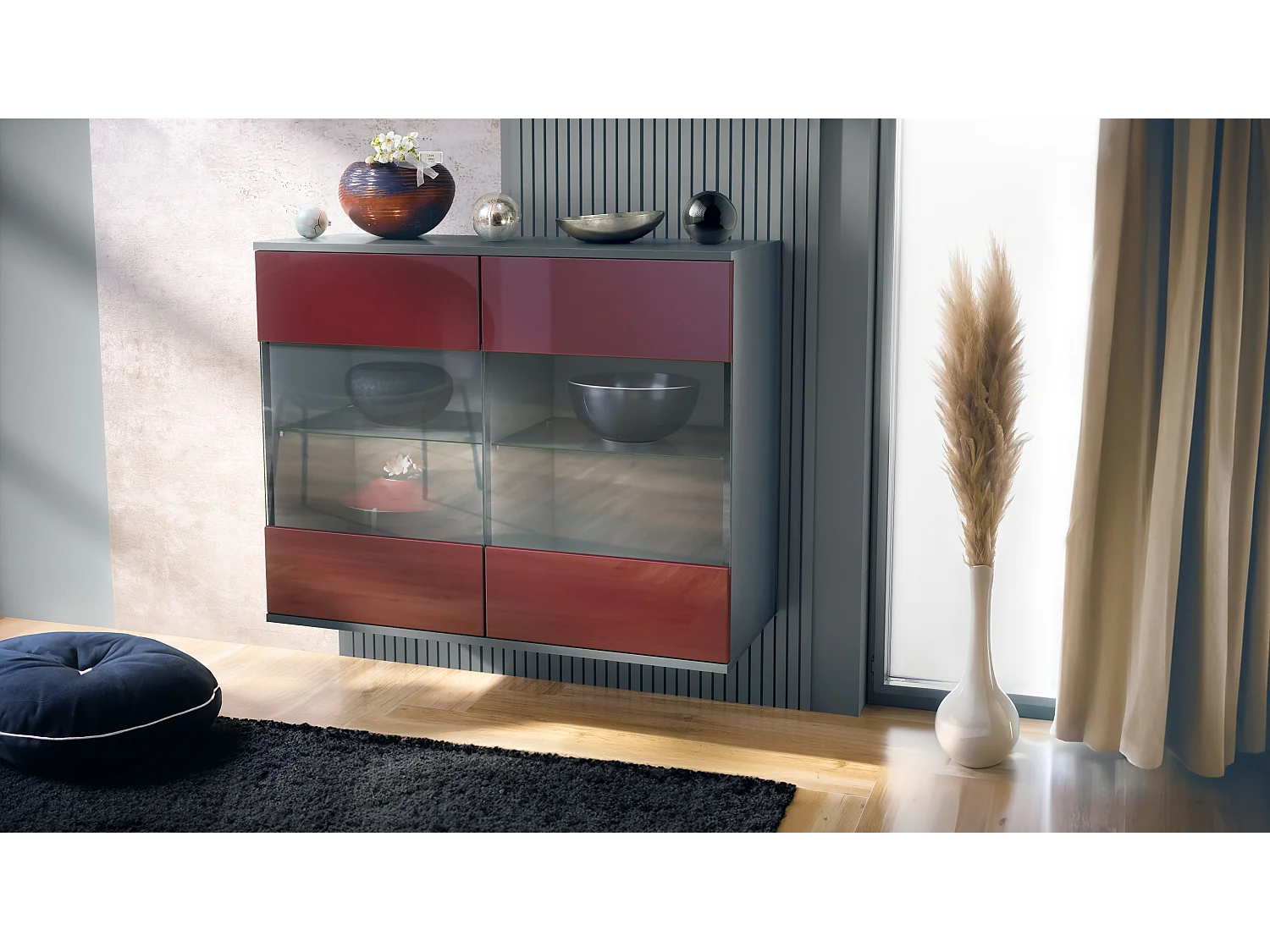 Cassettiera Bari V3, Mobile da cucina moderno con 2 grandi ante in vetro antracite opaco  / bordeaux lucido (92,5 x 73.5 x 35)