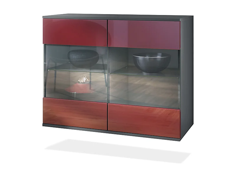 Commode Bari V3, Armoire de cuisine moderne avec 2 grandes portes vitrées anthracite mat / bordeaux haute brillance (92,5 x 73.5 x 35)