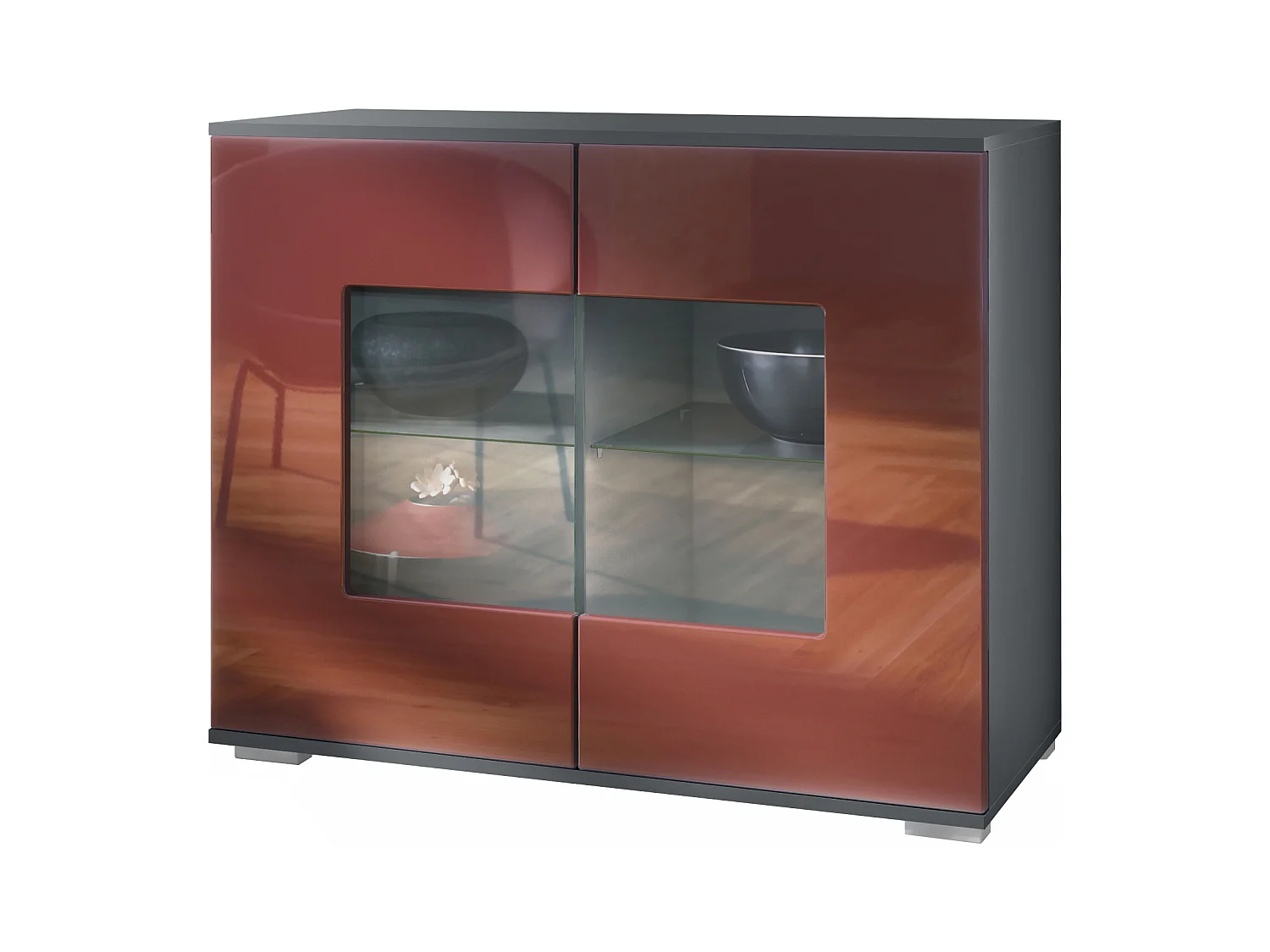 Commode Grömitz V3, Armoire de cuisine moderne avec 2 grandes portes vitrées anthracite mat / bordeaux haute brillance (92,5 x 75.5 x 35)
