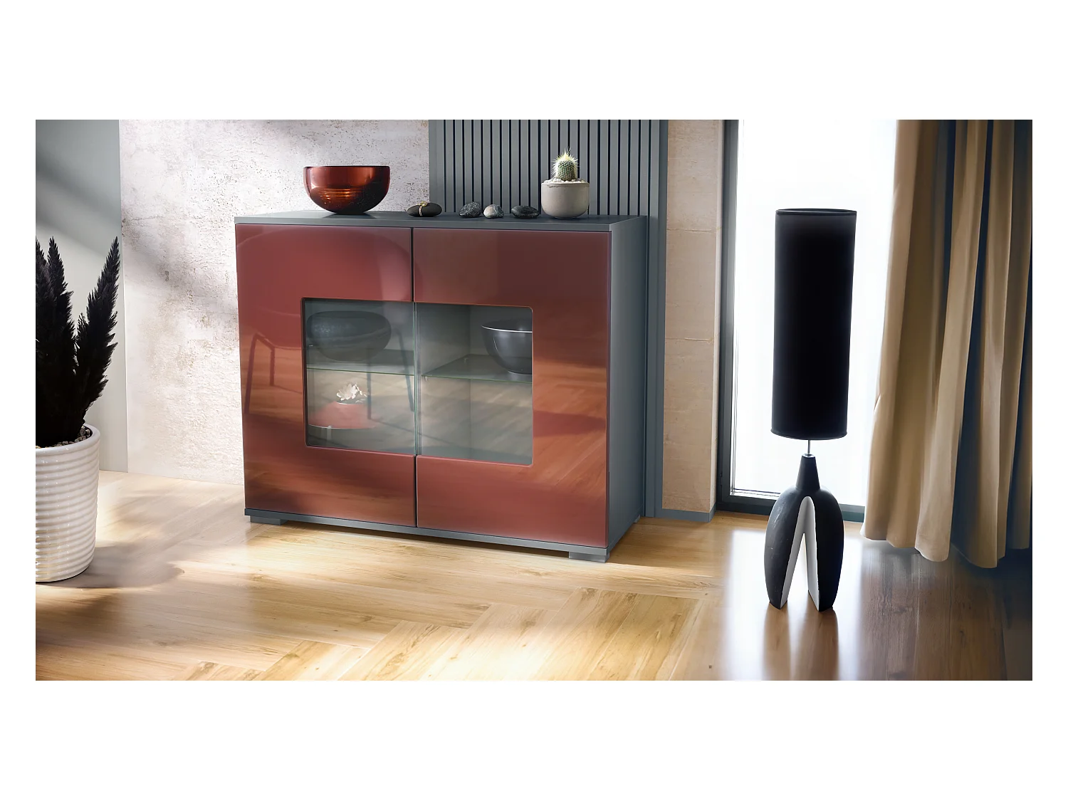 Commode Grömitz V3, Armoire de cuisine moderne avec 2 grandes portes vitrées anthracite mat / bordeaux haute brillance (92,5 x 75.5 x 35)