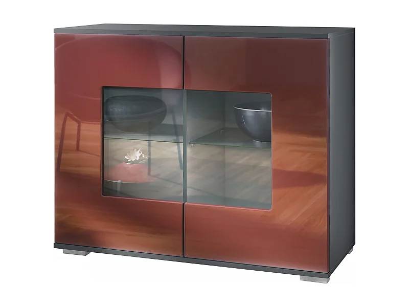 Commode Grömitz V3, Armoire de cuisine moderne avec 2 grandes portes vitrées anthracite mat / bordeaux haute brillance (92,5 x 75.5 x 35)