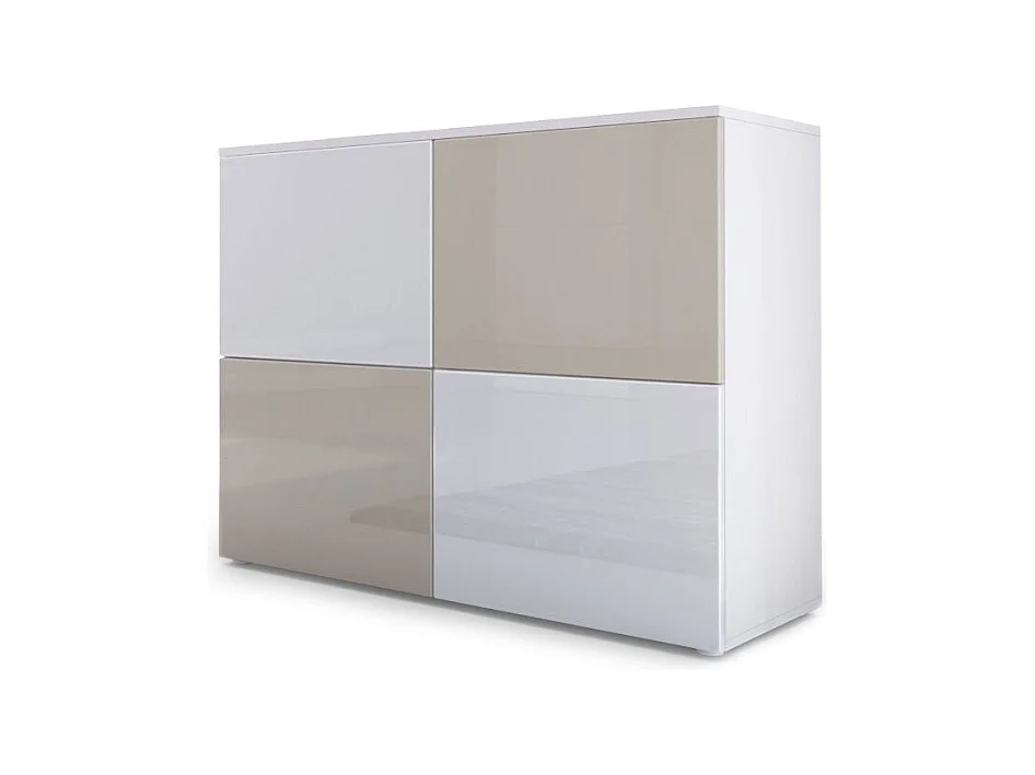 Buffet Rova, Commode avec 4 portes, Blanc mat/Blanc haute brillance/Gris sable haute brillance (92 x 72 x 35 cm)