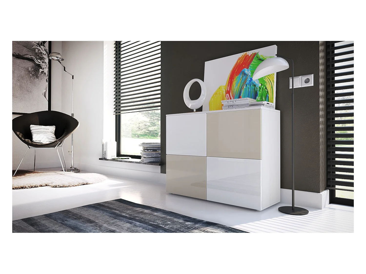 Buffet Rova, Commode avec 4 portes, Blanc mat/Blanc haute brillance/Gris sable haute brillance (92 x 72 x 35 cm)