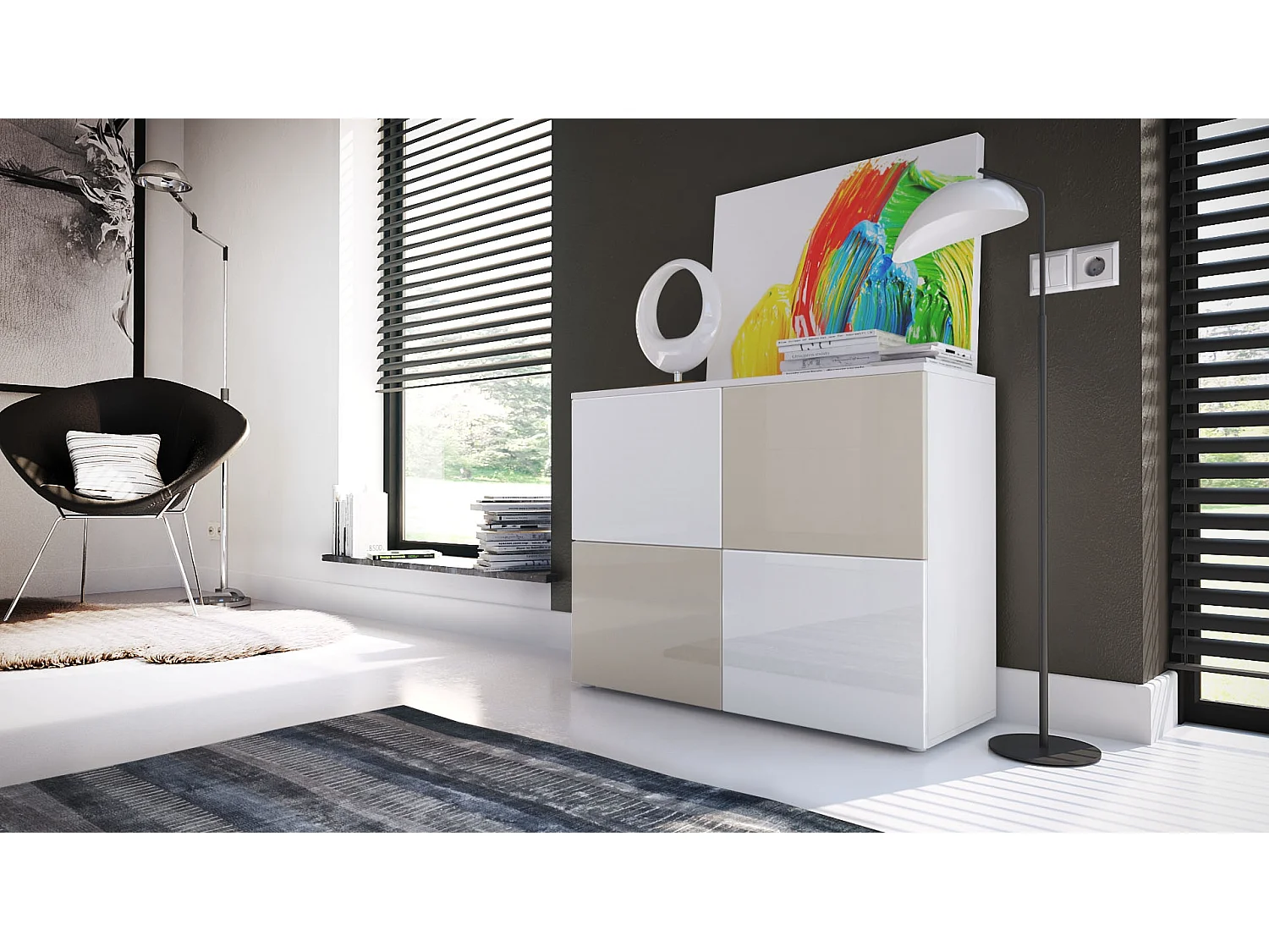 Buffet Rova, Commode avec 4 portes, Blanc mat/Blanc haute brillance/Gris sable haute brillance (92 x 72 x 35 cm)