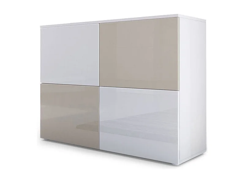 Buffet Rova, Commode avec 4 portes, Blanc mat/Blanc haute brillance/Gris sable haute brillance (92 x 72 x 35 cm)