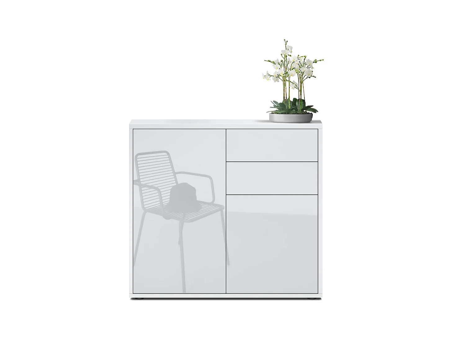 Buffet Ben, Commode avec 2 portes et 2 tiroirs, Blanc mat/Blanc haute brillance (79 x 74 x 36 cm)