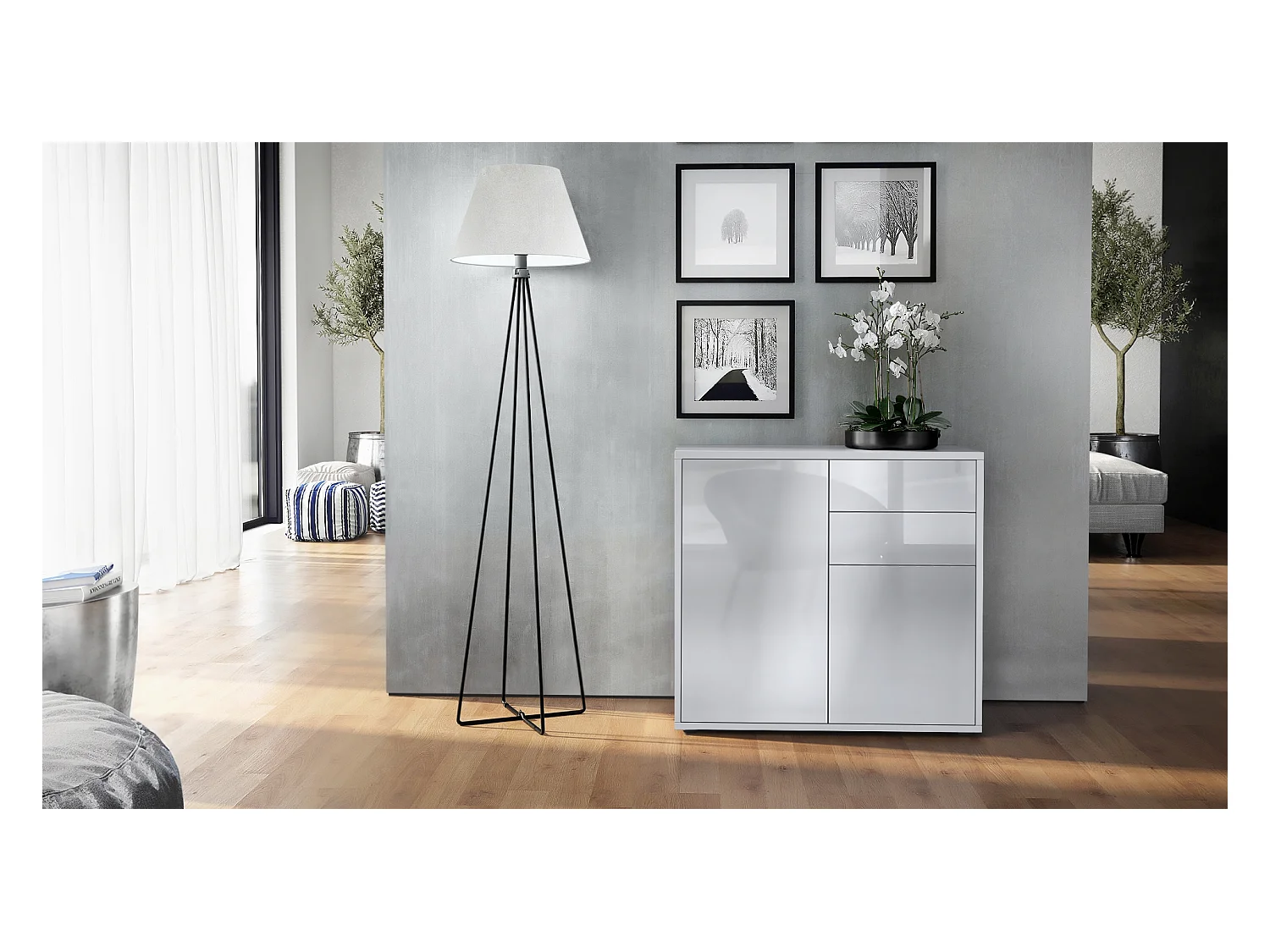 Buffet Ben, Commode avec 2 portes et 2 tiroirs, Blanc mat/Blanc haute brillance (79 x 74 x 36 cm)
