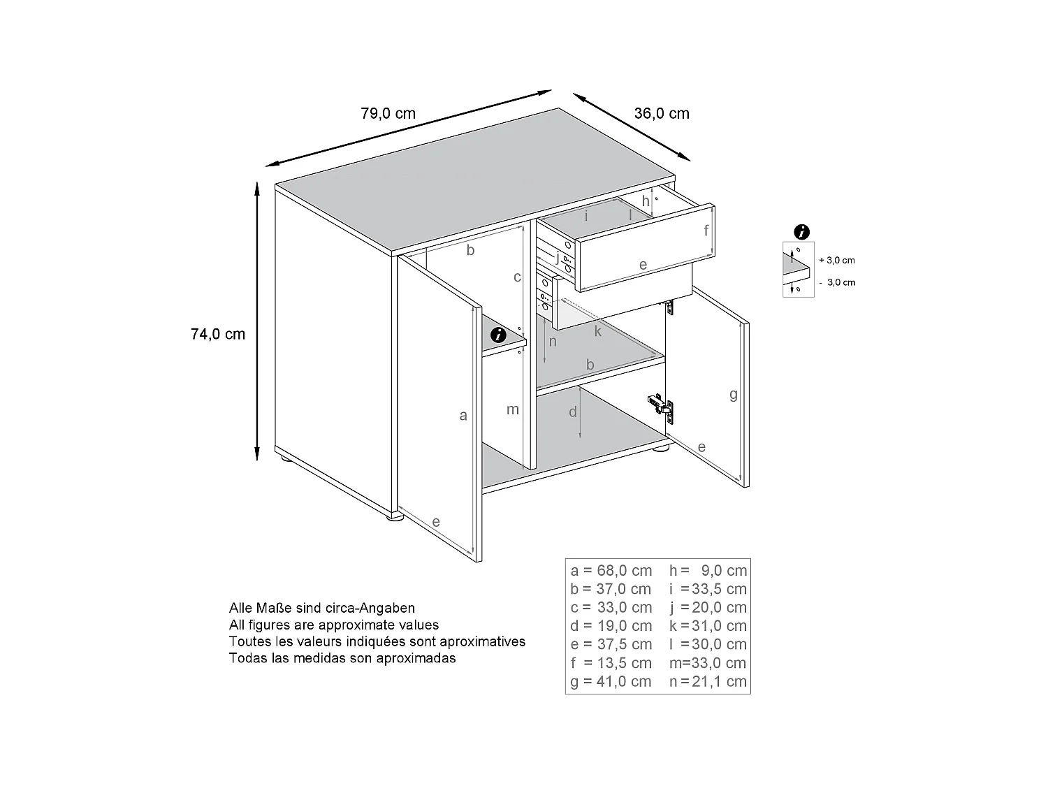 Buffet Ben, Commode avec 2 portes et 2 tiroirs, Blanc mat/Blanc haute brillance (79 x 74 x 36 cm)