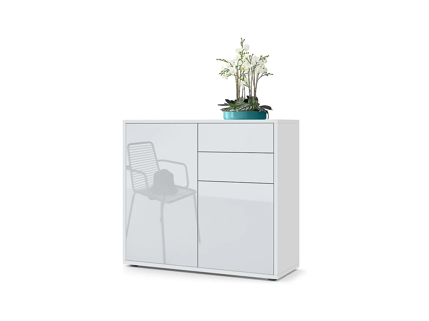 Buffet Ben, Commode avec 2 portes et 2 tiroirs, Blanc mat/Blanc haute brillance (79 x 74 x 36 cm)