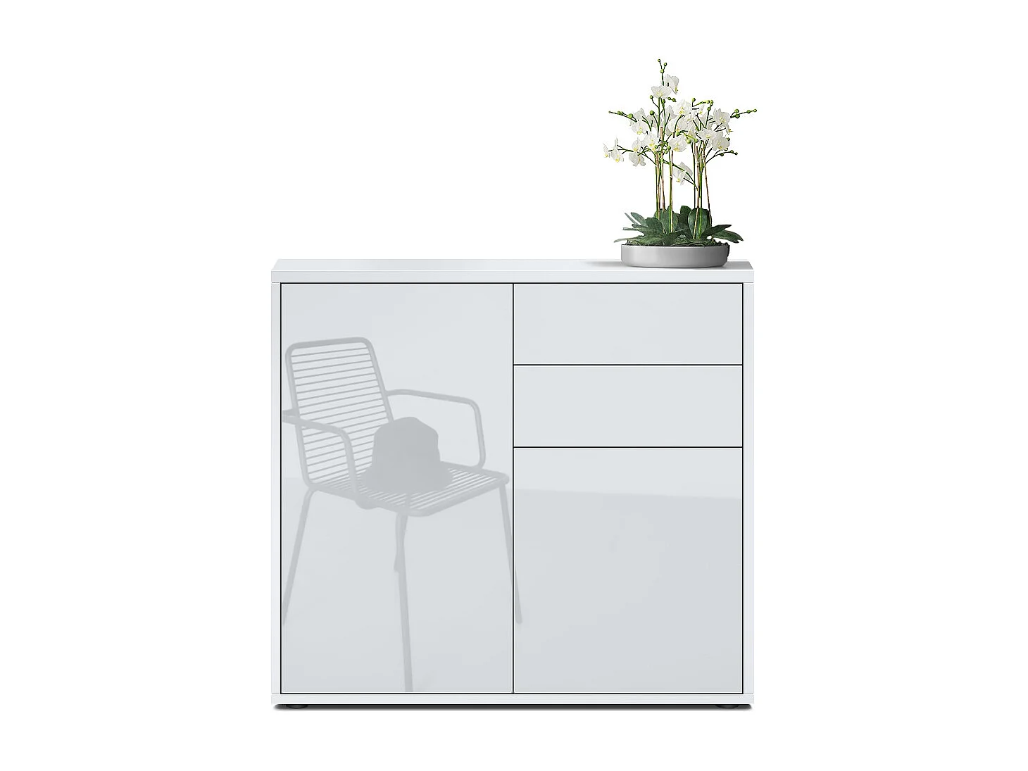 Buffet Ben, Commode avec 2 portes et 2 tiroirs, Blanc mat/Blanc haute brillance (79 x 74 x 36 cm)