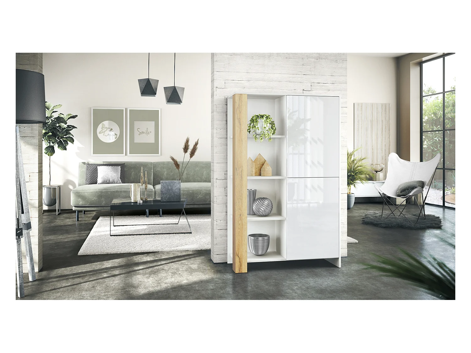 Buffet Haut Canto, meuble haut avec 2 portes et 8 compartiments, corps blanc mat, façades blanc brillant, panneaux décoratifs chêne nature (95 x 151,5 x 36 cm)