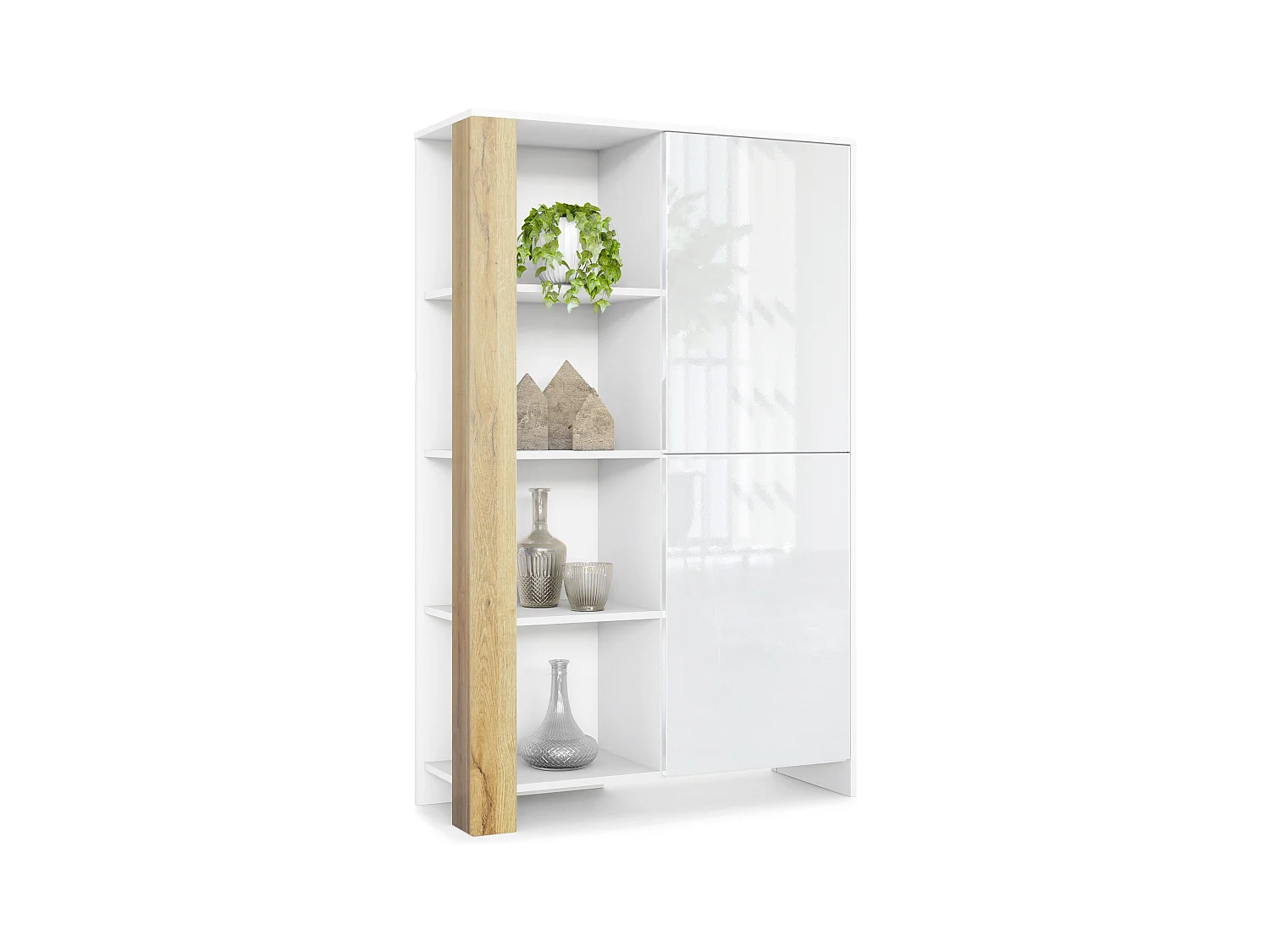 Buffet Haut Canto, meuble haut avec 2 portes et 8 compartiments, corps blanc mat, façades blanc brillant, panneaux décoratifs chêne nature (95 x 151,5 x 36 cm)