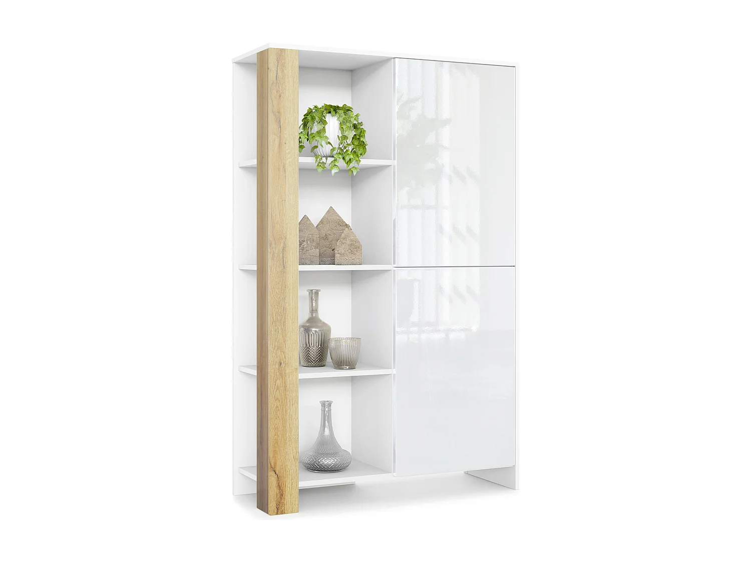 Credenza Canto, credenza alta a 2 ante e 8 scomparti, mobile bianco opaco, frontali bianchi lucidi, pannelli decorativi rovere naturale (95 x 151,5 x 36 cm)
