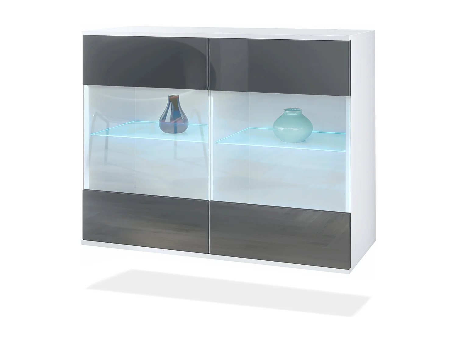 Commode Bari V3, Armoire de cuisine moderne avec 2 grandes portes vitrées incl. éclairage RGB blanc mat / gris haute brillance (92,5 x 73.5 x 35)