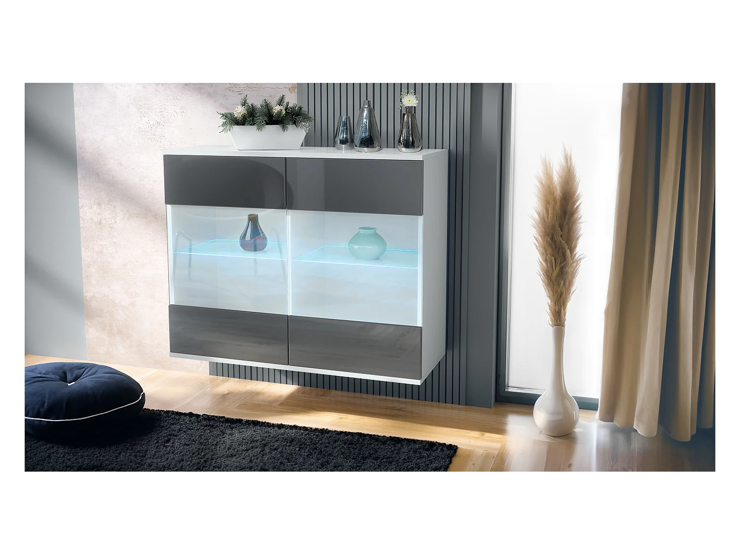 Commode Bari V3, Armoire de cuisine moderne avec 2 grandes portes vitrées incl. éclairage RGB blanc mat / gris haute brillance (92,5 x 73.5 x 35)