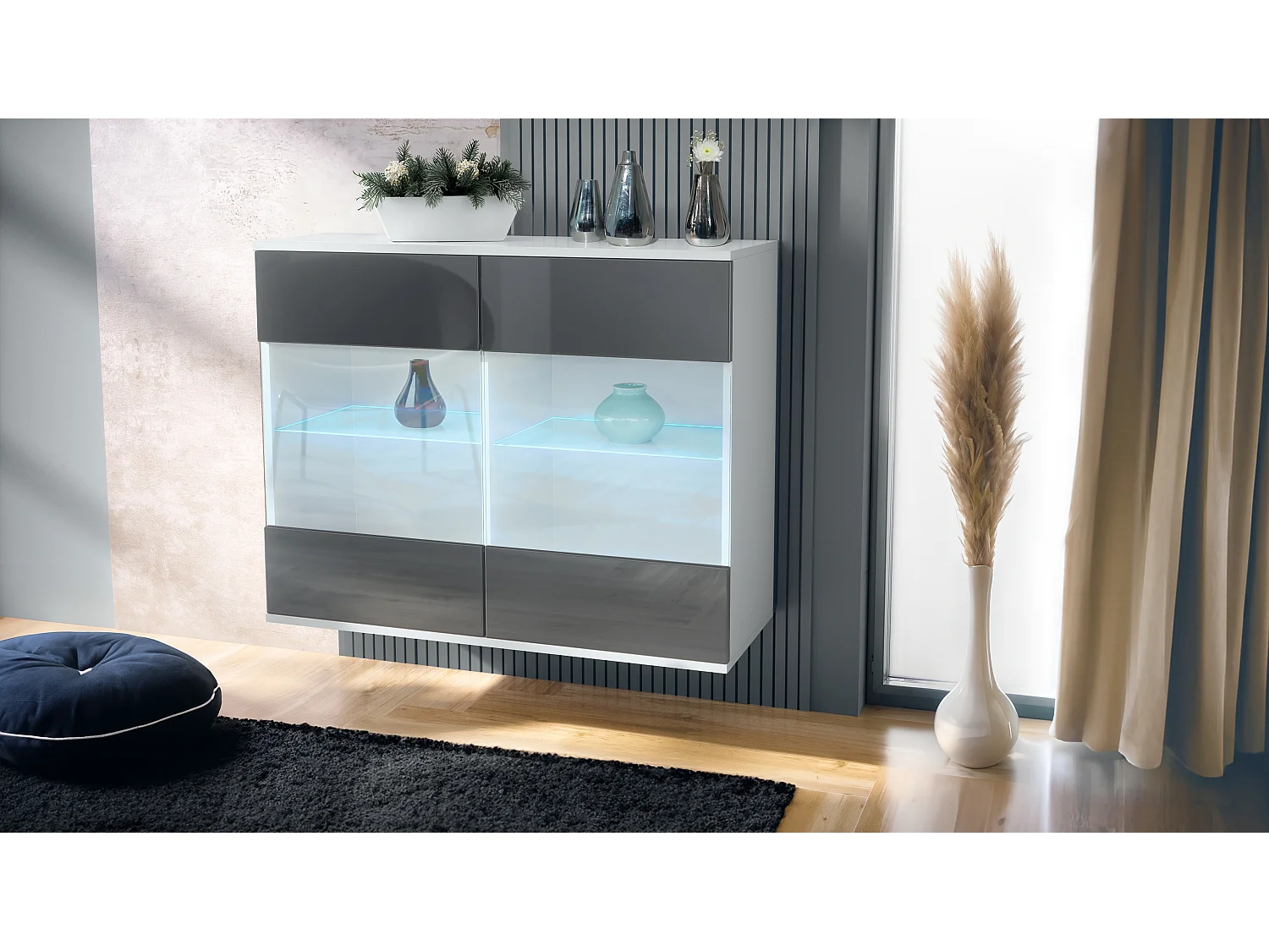Cómoda Bari V3, Moderno armario de cocina con 2 grandes puertas de cristal incl. iluminación RGB blanco mate / gris de alto brillo (92,5 x 73.5 x 35)
