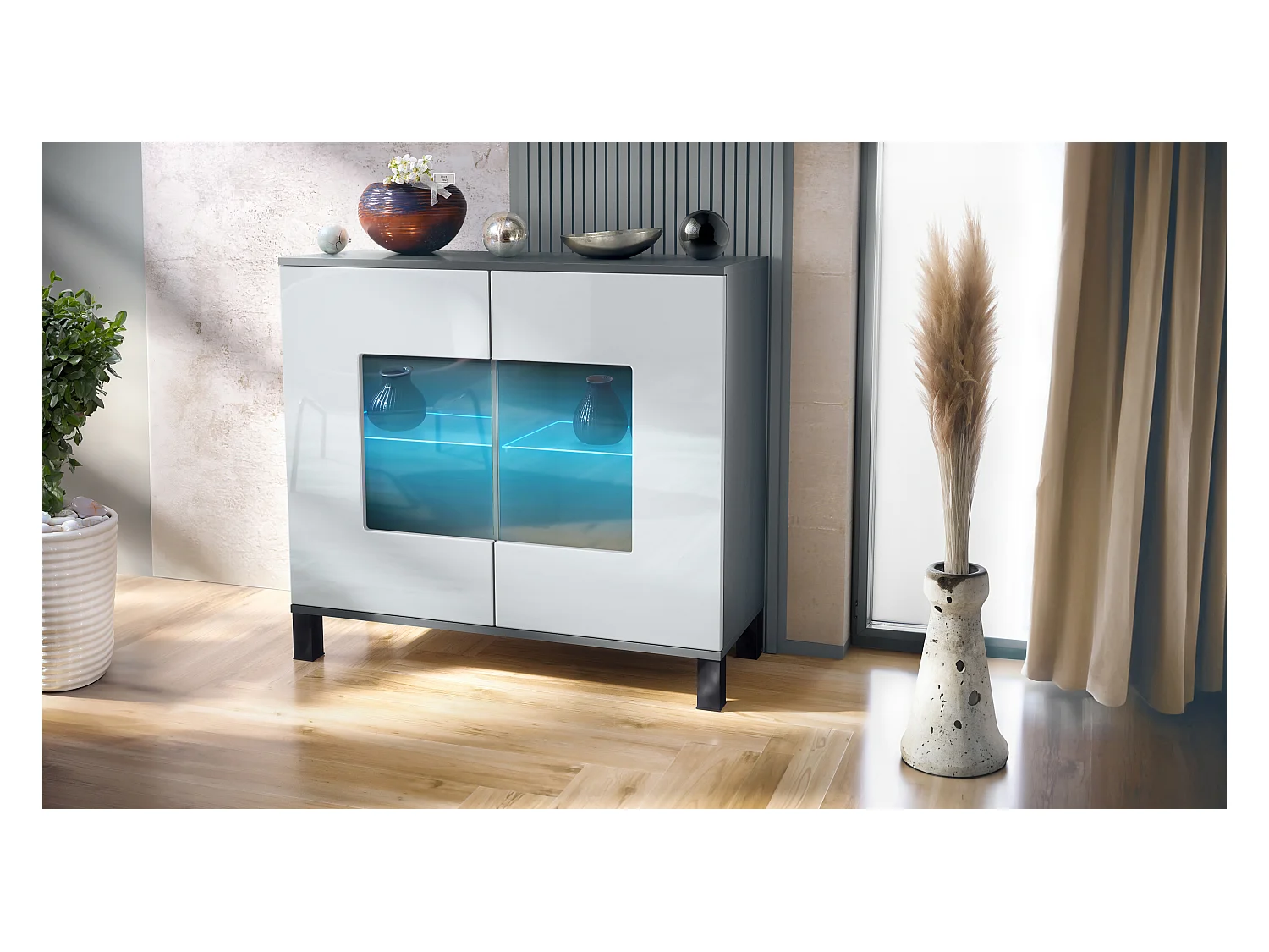 Commode Grömitz V3, Armoire de cuisine moderne avec 2 grandes portes vitrées incl. éclairage RGB anthracite mat / blanc haute brillance (92,5 x 84.5 x 35)