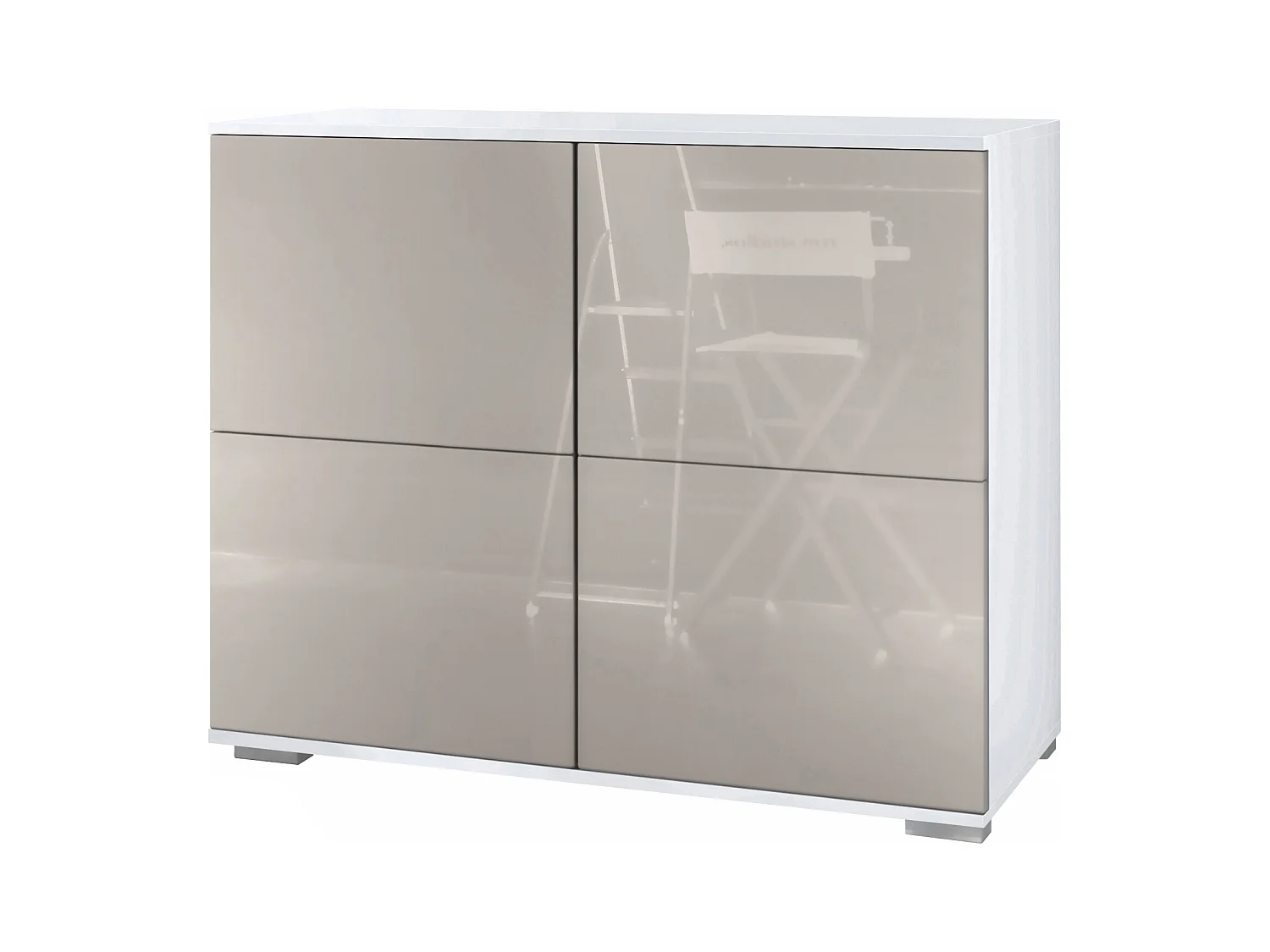 Buffet Rova V3 – Meuble de cuisine moderne avec 4 portes Push-to-Open blanc mat / gris sable haute brillance (92,5 x 75.5 x 35)