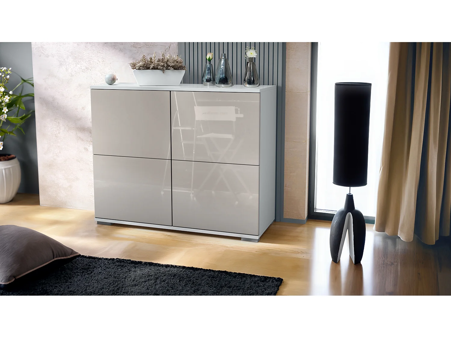 Credenza Rova V3 – Mobile da cucina moderno con 4 ante Push-to-Open bianco opaco / grigio sabbia lucido (92,5 x 75.5 x 35)
