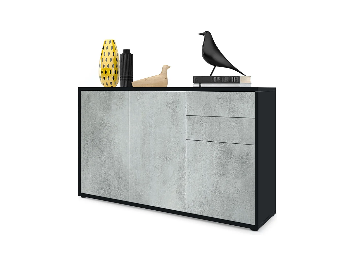 Buffet Ben V3, Commode avec 3 portes et 2 tiroirs, Noir mat/Aspect Béton Oxyde (117 x 74 x 36 cm)