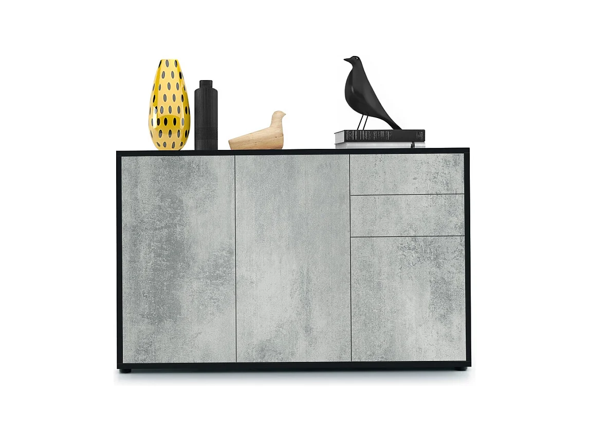 Buffet Ben V3, Commode avec 3 portes et 2 tiroirs, Noir mat/Aspect Béton Oxyde (117 x 74 x 36 cm)