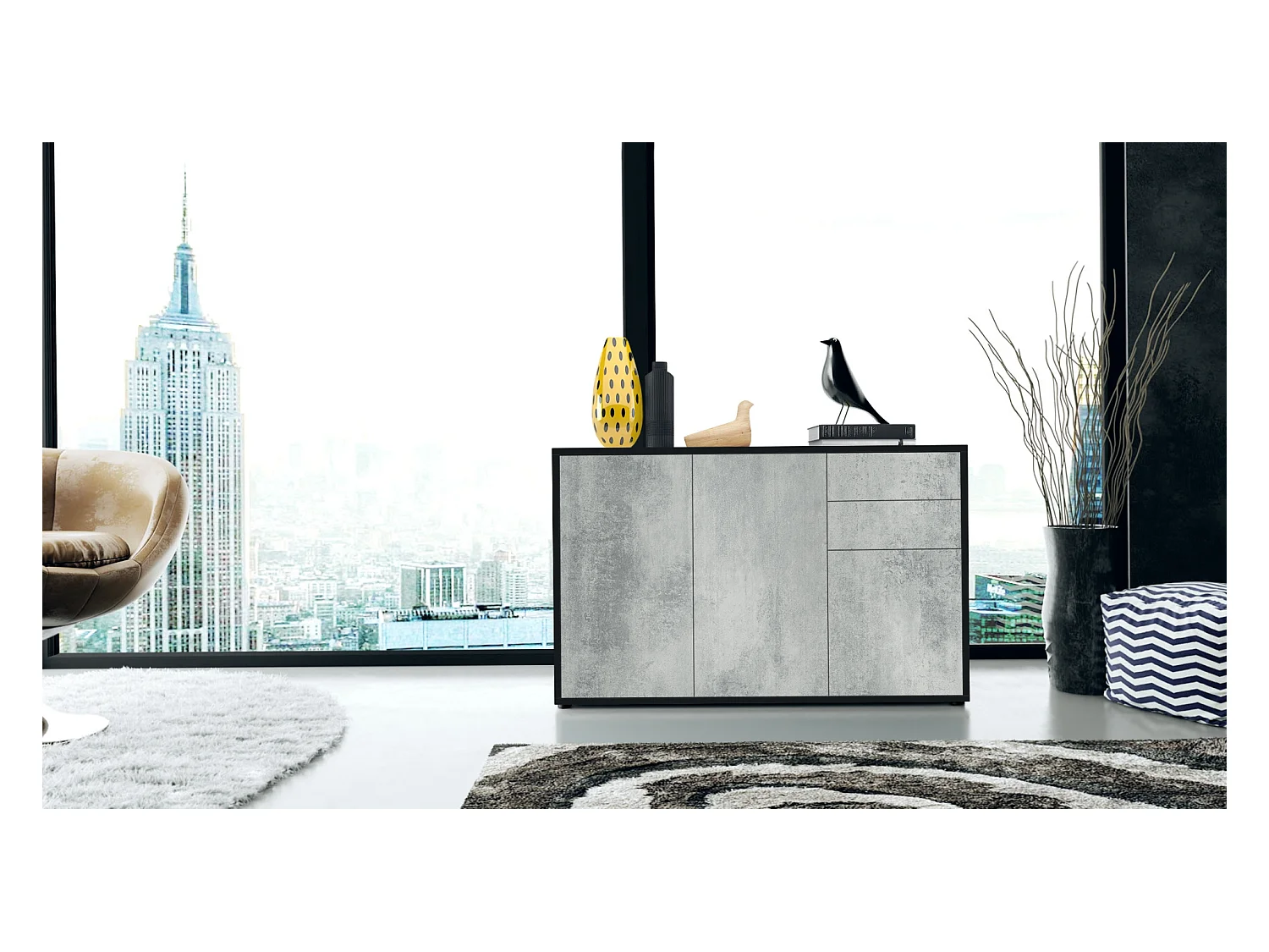 Buffet Ben V3, Commode avec 3 portes et 2 tiroirs, Noir mat/Aspect Béton Oxyde (117 x 74 x 36 cm)