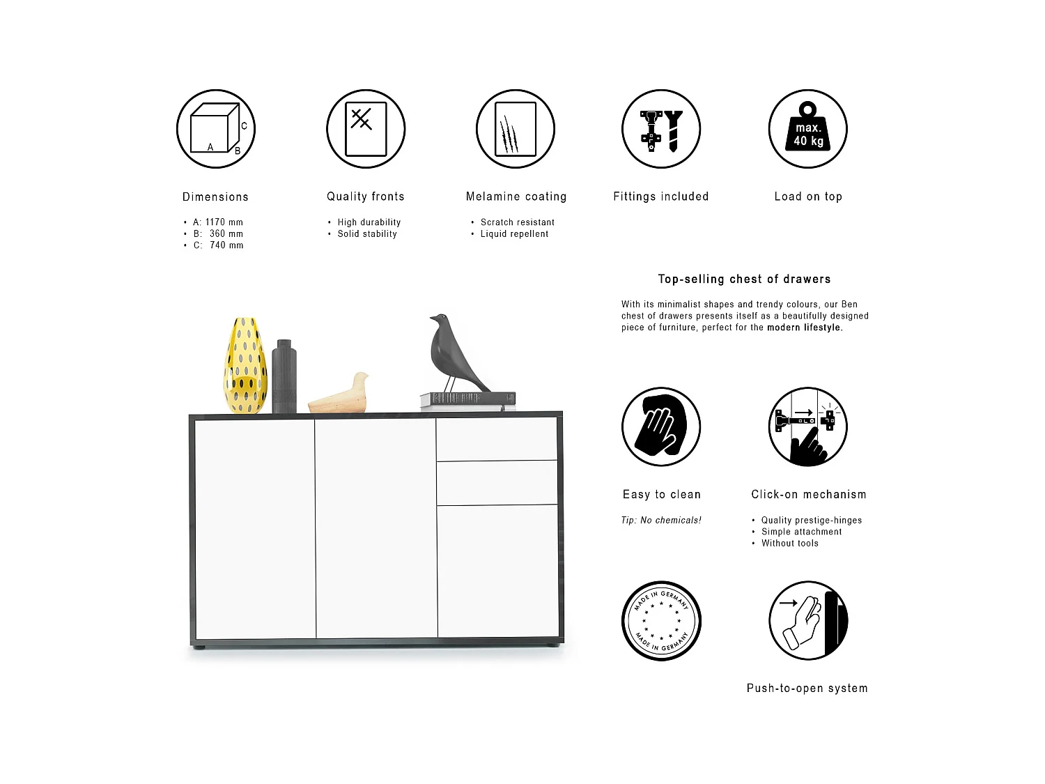 Buffet Ben V3, Commode avec 3 portes et 2 tiroirs, Noir mat/Aspect Béton Oxyde (117 x 74 x 36 cm)