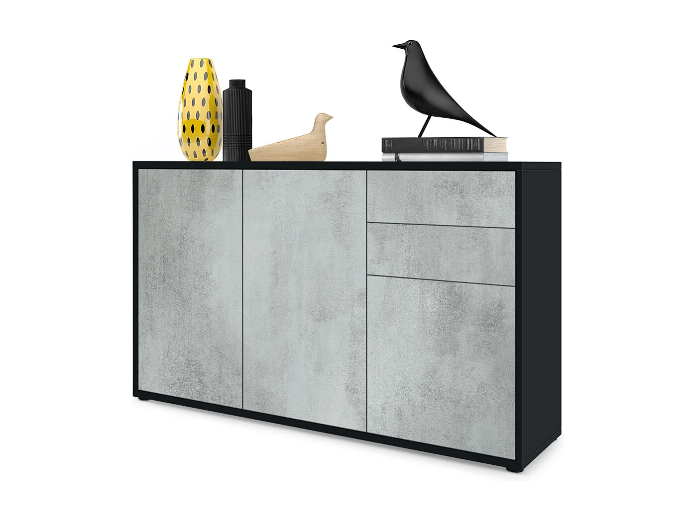 Buffet Ben V3, Commode avec 3 portes et 2 tiroirs, Noir mat/Aspect Béton Oxyde (117 x 74 x 36 cm)