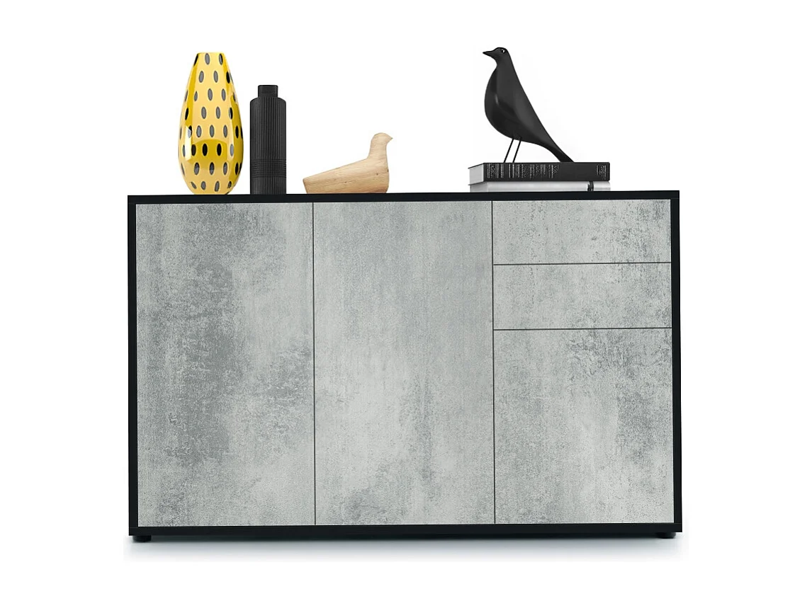 Buffet Ben V3, Commode avec 3 portes et 2 tiroirs, Noir mat/Aspect Béton Oxyde (117 x 74 x 36 cm)