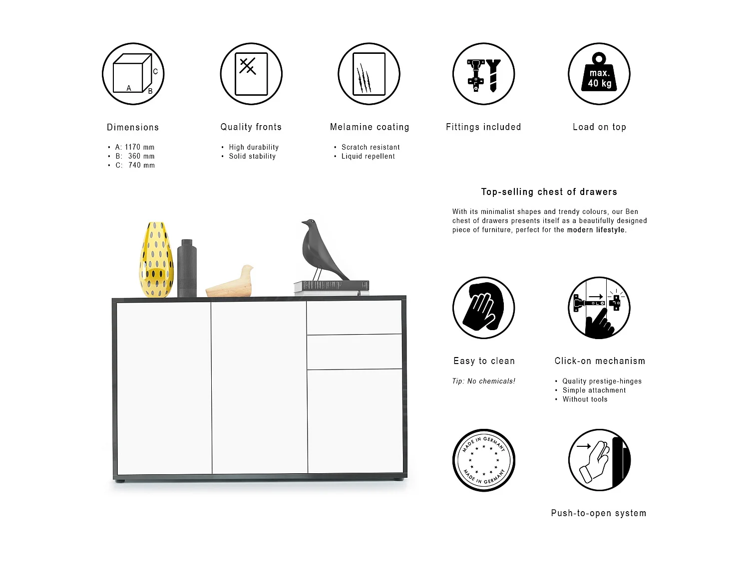 Buffet Ben V3, Commode avec 3 portes et 2 tiroirs, Noir mat/Aspect Béton Oxyde (117 x 74 x 36 cm)