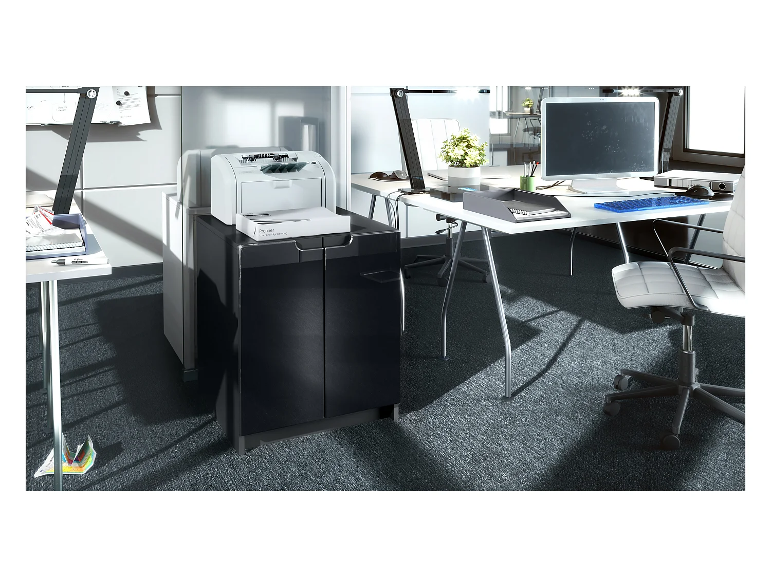 commode d'imprimante Logan, armoire à dossiers avec 2 compartiments et 2 portes, corps noir mat, façades noir haute brillance, (51 x 60,5 x 54 cm)