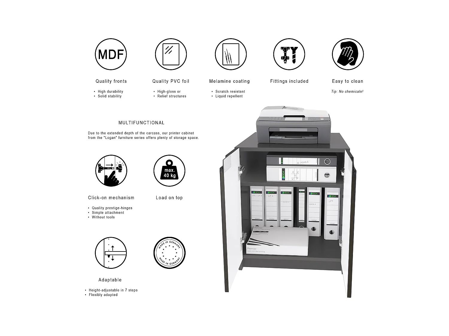 commode d'imprimante Logan, armoire à dossiers avec 2 compartiments et 2 portes, corps noir mat, façades noir haute brillance, (51 x 60,5 x 54 cm)