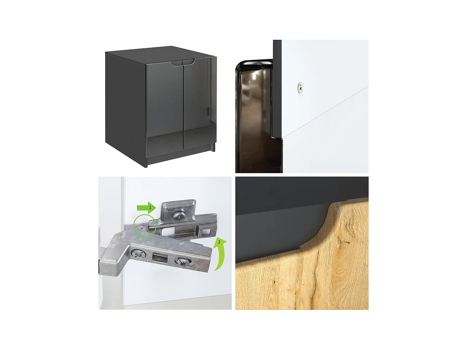 commode d'imprimante Logan, armoire à dossiers avec 2 compartiments et 2 portes, corps noir mat, façades noir haute brillance, (51 x 60,5 x 54 cm)