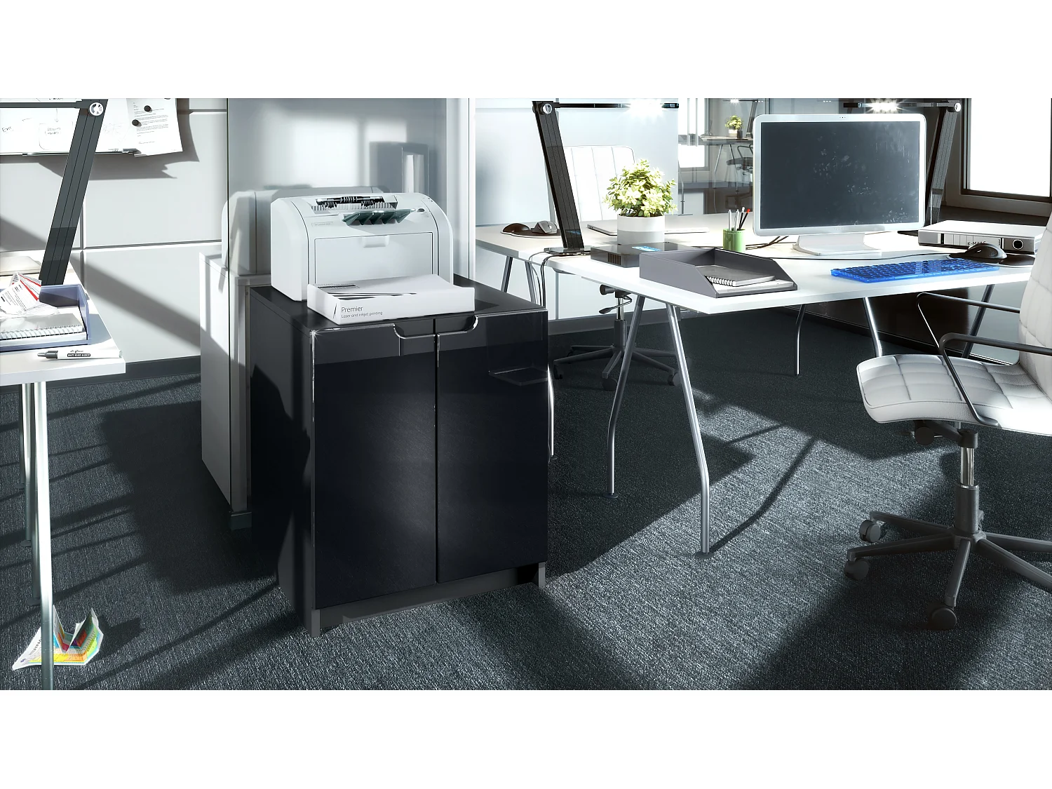 commode d'imprimante Logan, armoire à dossiers avec 2 compartiments et 2 portes, corps noir mat, façades noir haute brillance, (51 x 60,5 x 54 cm)