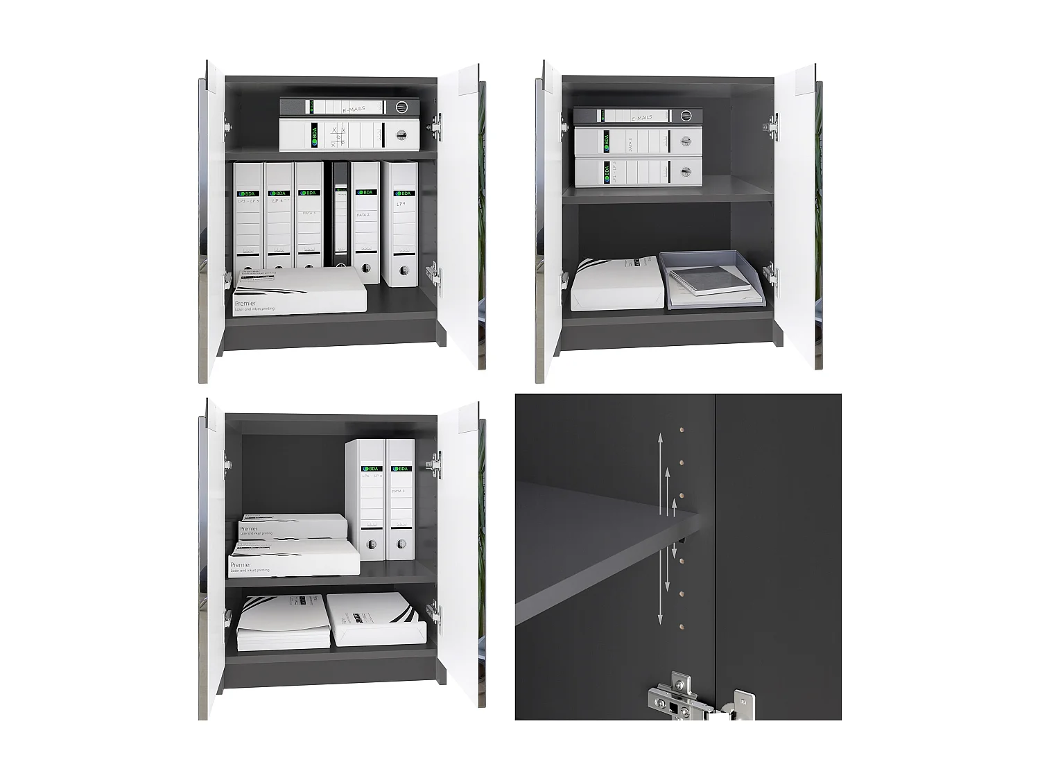 commode d'imprimante Logan, armoire à dossiers avec 2 compartiments et 2 portes, corps noir mat, façades noir haute brillance, (51 x 60,5 x 54 cm)