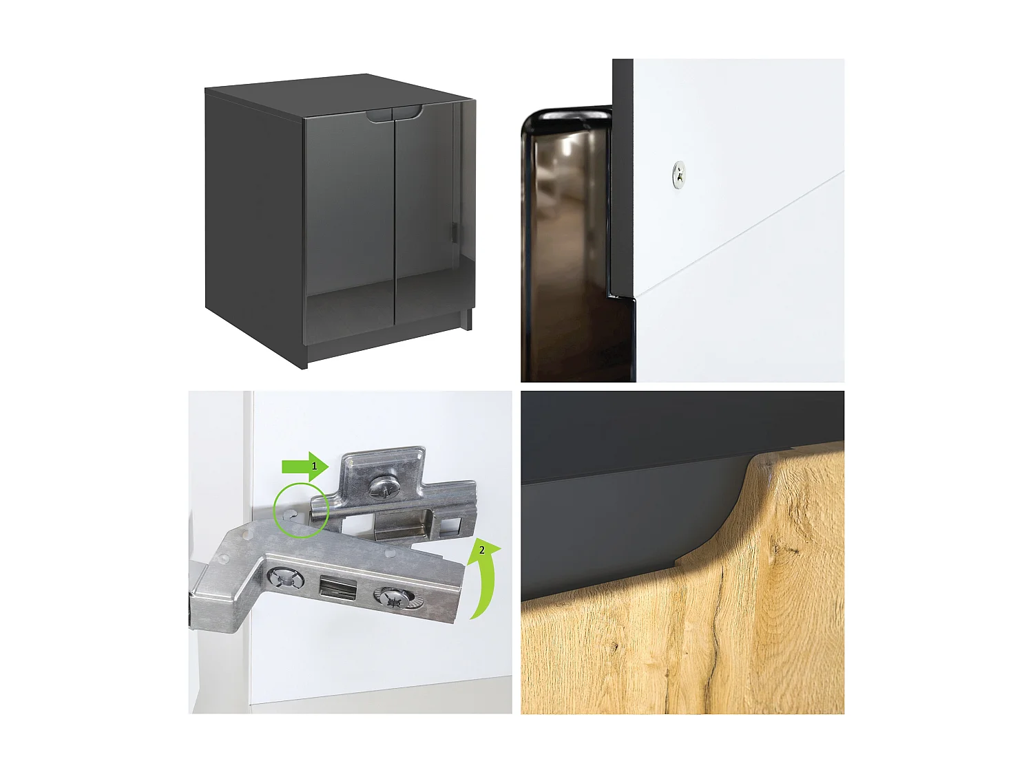 commode d'imprimante Logan, armoire à dossiers avec 2 compartiments et 2 portes, corps noir mat, façades noir haute brillance, (51 x 60,5 x 54 cm)