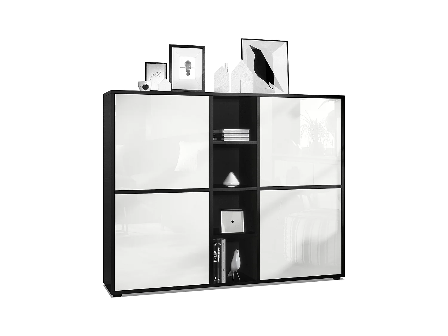 Vladon Highboard Cuba V3, negro mate/blanco de alto brillo - Aparador moderno con 12 compartimentos (130,5 x 105,5 x 35,5 cm)
