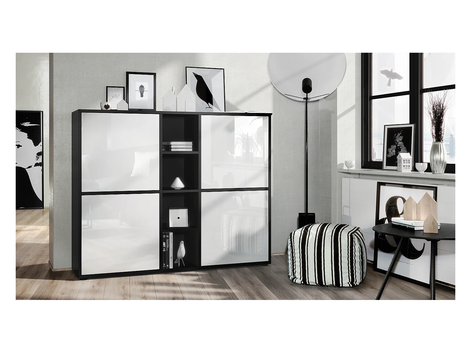 Vladon Highboard Cuba V3, negro mate/blanco de alto brillo - Aparador moderno con 12 compartimentos (130,5 x 105,5 x 35,5 cm)