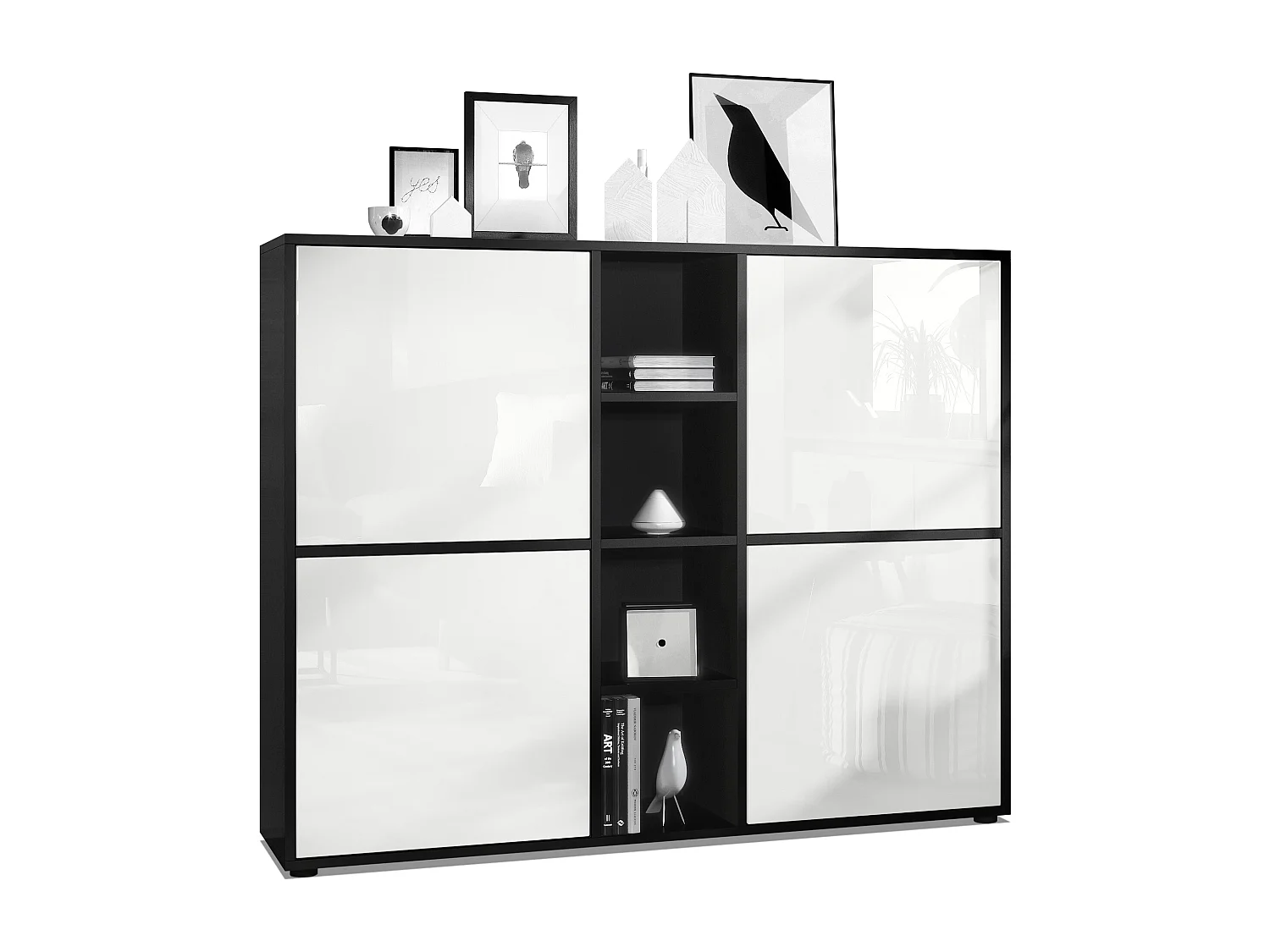 Vladon Credenza Cuba V3, nero opaco/bianco lucido - Credenza moderna con 12 scomparti (130,5 x 105,5 x 35,5 cm)